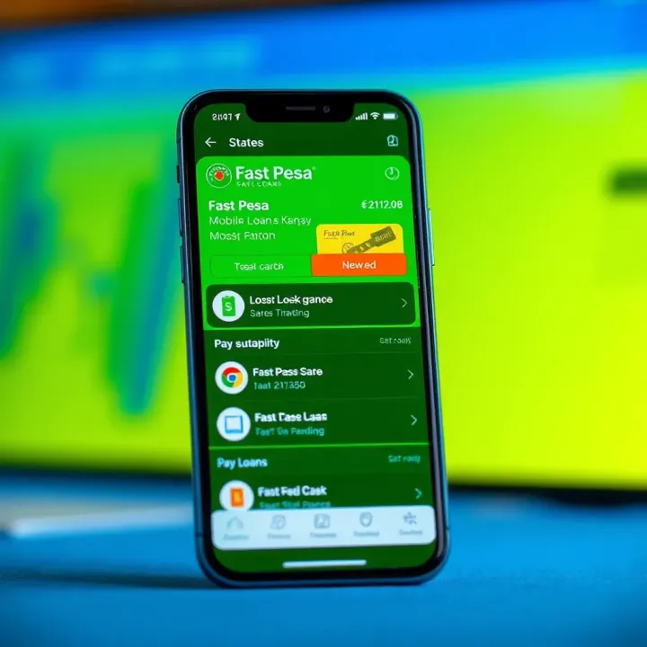 Mobile phone displaying Fast Pesa app interface with loan options and payment features