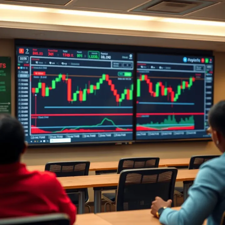 A digital classroom screen displaying forex trading charts and currency symbols