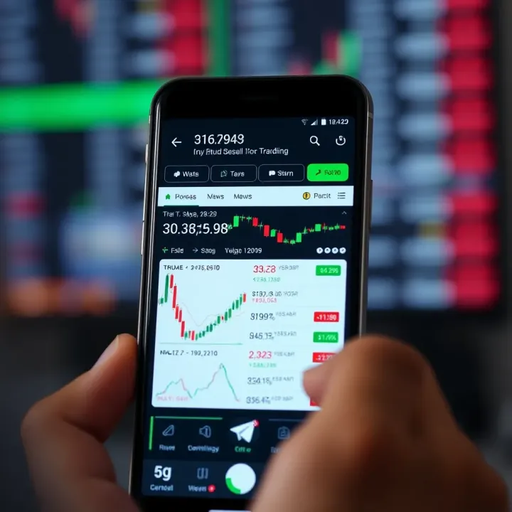 Illustration of a mobile device displaying a Telegram app with forex trading signals and currency charts
