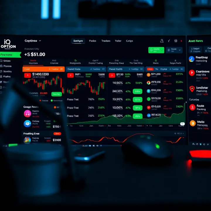 Dashboard view of IQ Option trading platform displaying various asset options like stocks, forex, and cryptocurrencies