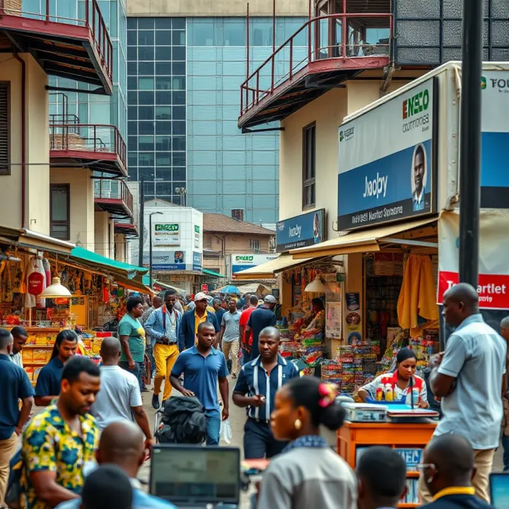 Modern trading centre in Kenya with organized shops and customers engaging in business activities