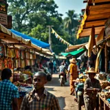Vibrant Kenyan outdoor market with colorful stalls showcasing a variety of local products under bright canopies