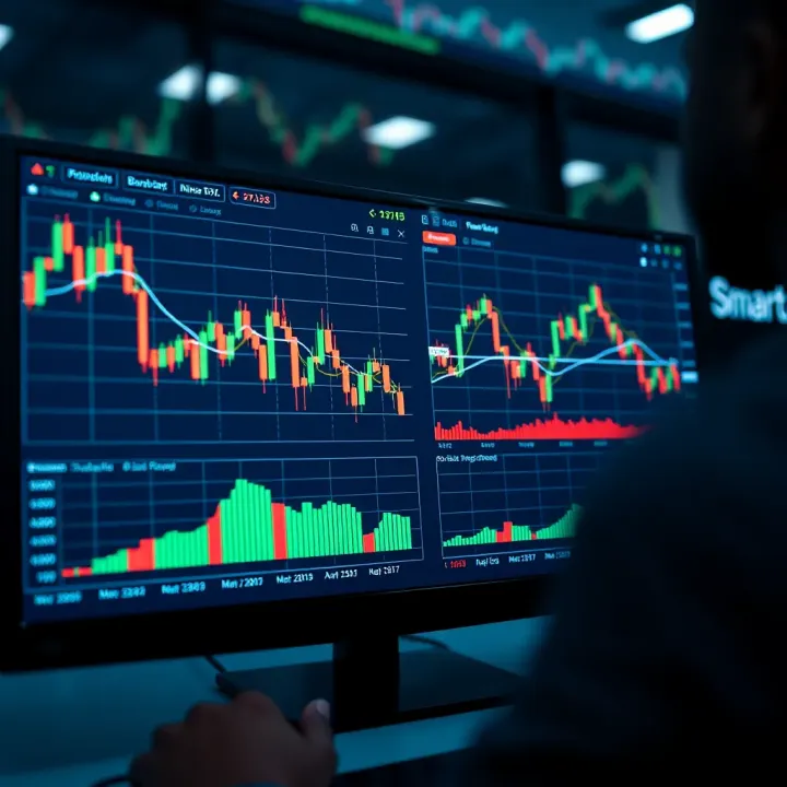 Interactive SmartCharts interface displaying candlestick patterns and technical indicators on Binary.com