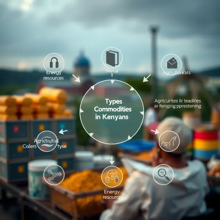 Diagram illustrating various types of commodities traded in Kenyan markets including agricultural products, metals, and energy resources
