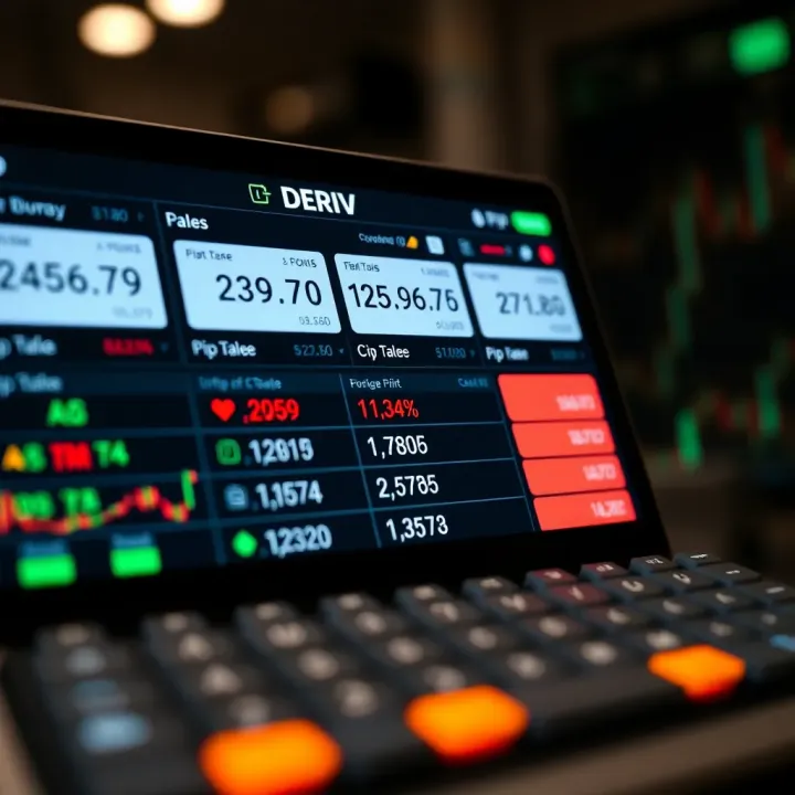 Illustration showing the Deriv pip calculator interface with forex currency pairs and pip value results