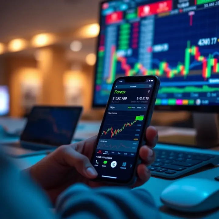 Mobile phone displaying M-Pesa app with forex trading platform on screen